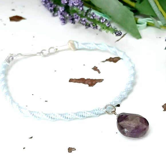 Amethyst Macrame Crystal Charm Bracelet, Dainty Boho Chic Pastel - Picture 1 of 4